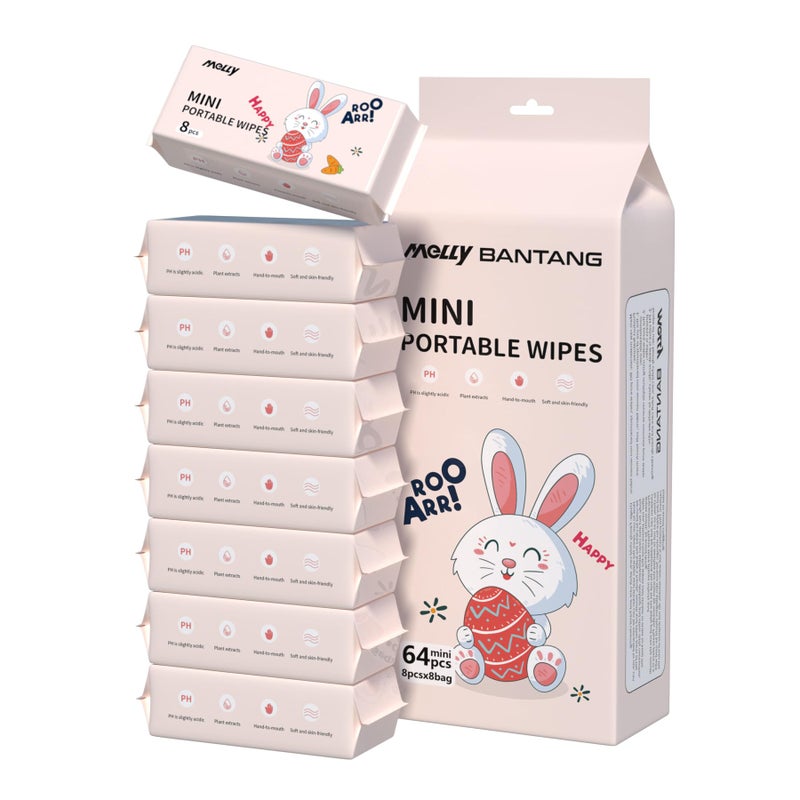 KASTWAVE Travel Wipes 8 Packs (64 Wipes), Mini Portable Wet Wipes for Baby, Makeup, Hand & Face Cleaning, Unscented Flushable Pocket Tissue Singles for Women, Kids & On-the-Go Essentials - Image 1