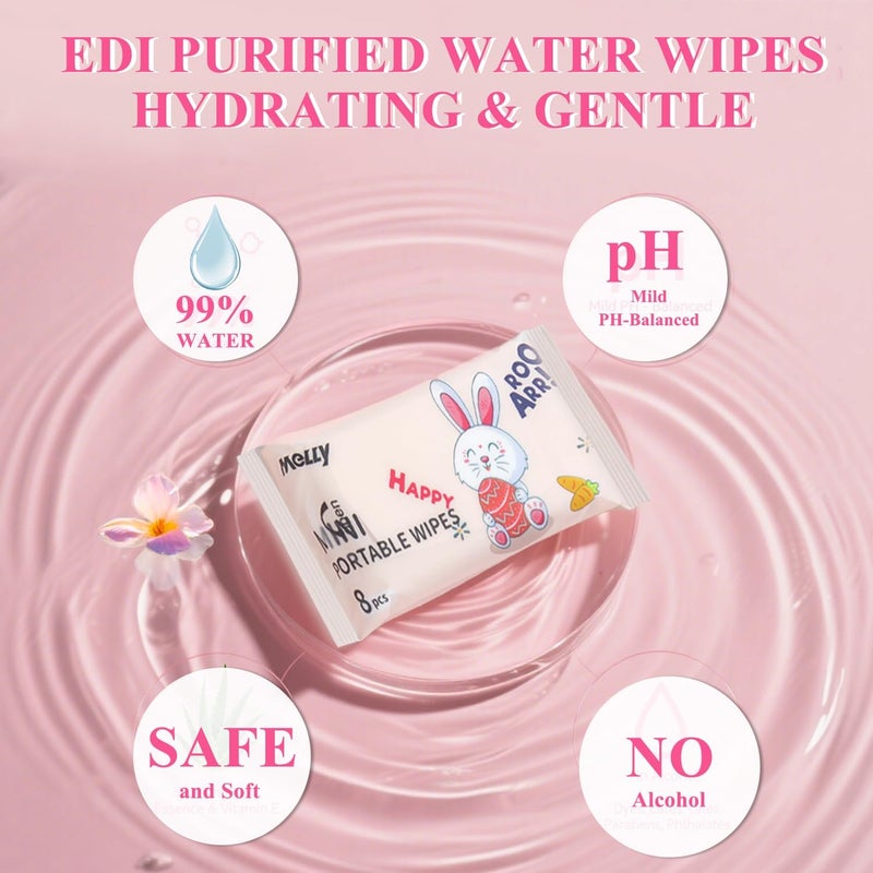 KASTWAVE Travel Wipes 8 Packs (64 Wipes), Mini Portable Wet Wipes for Baby, Makeup, Hand & Face Cleaning, Unscented Flushable Pocket Tissue Singles for Women, Kids & On-the-Go Essentials - Image 2