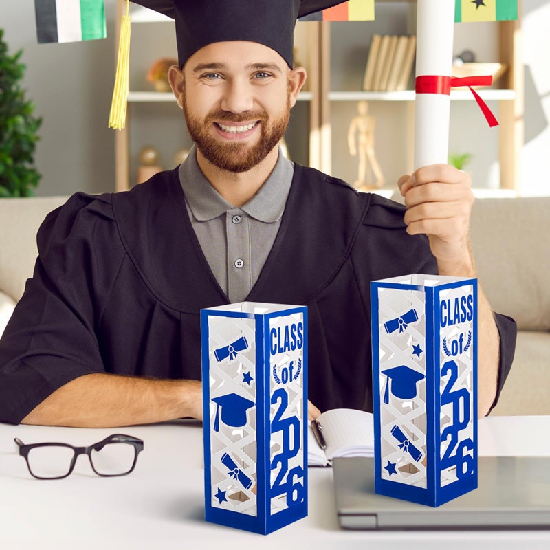 Tellingyou 6 Pcs Graduation Table Centerpieces Boxes Class of 2026 Graduation Lantern with LED Light Congrats Grad School College Photo Props for Party Table Decor(7.87 * 2.8inch,Blue) - Image 4