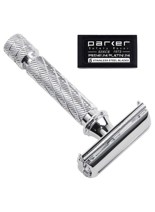 Parker Safety Razor , 87R Chrome Standard Length Handle Butterfly Open Double Edge Safety Razor for Men, 5 Parker Premium Platinum Double Edge Razor Blades Included - Image 1