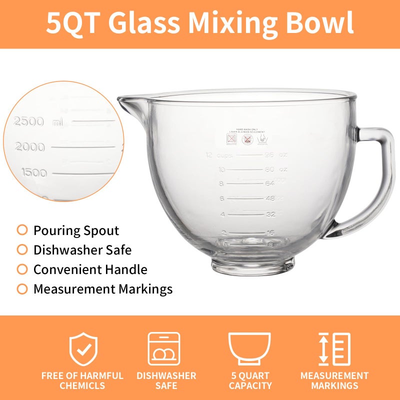 XINBOOGQ 5QT Glass Bowl Compatible with KitchenAid 4.5 and 5-Quart Tilt Stand Mixers,Glass Mixing Bowl with Lid, Measurement Markers and Handle, Dishwasher Safe - Image 3