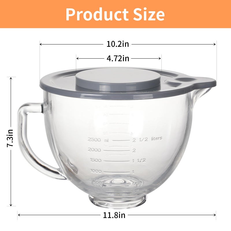 XINBOOGQ 5QT Glass Bowl Compatible with KitchenAid 4.5 and 5-Quart Tilt Stand Mixers,Glass Mixing Bowl with Lid, Measurement Markers and Handle, Dishwasher Safe - Image 2