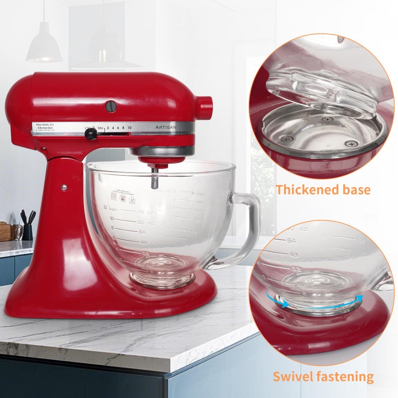 XINBOOGQ 5QT Glass Bowl Compatible with KitchenAid 4.5 and 5-Quart Tilt Stand Mixers,Glass Mixing Bowl with Lid, Measurement Markers and Handle, Dishwasher Safe - Image 4
