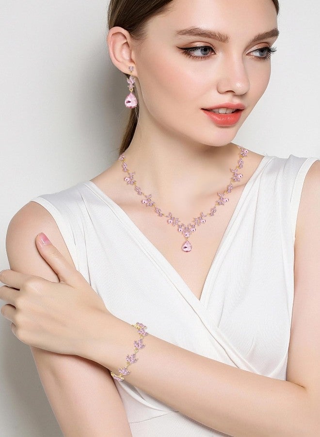 Paxuan Bridal Wedding Elegant Floral Pink Jewelry Set for Women/Brides/Bridesmaids Crystal Jewelry Set for Wedding Prom Party Bridal Crystal Necklace Earrings Bracelet Set - Image 2