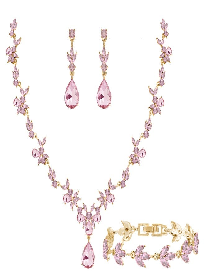 Paxuan Bridal Wedding Elegant Floral Pink Jewelry Set for Women/Brides/Bridesmaids Crystal Jewelry Set for Wedding Prom Party Bridal Crystal Necklace Earrings Bracelet Set - Image 1