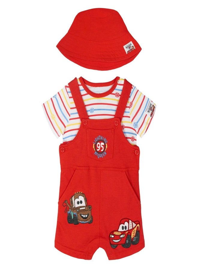 Disney Cars Infant Baby Boys Short Overalls, T-Shirt and Bucket Sun Hat 3 Piece Outfit Set Red/Yellow/Blue 24 Months - Image 1