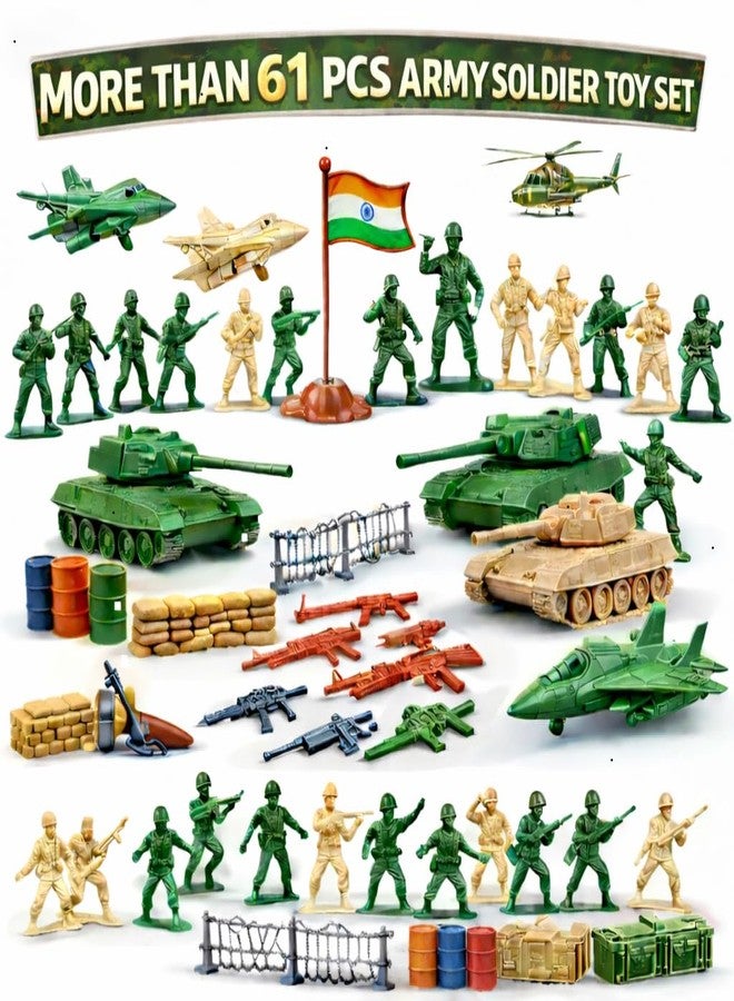 SEE More Than 61 Pcs Army Soldier Toy Set with Tanks, Fighter Jets, Weapons & Accessories, Military Action Figures Playset for Boys & Girls - Image 1