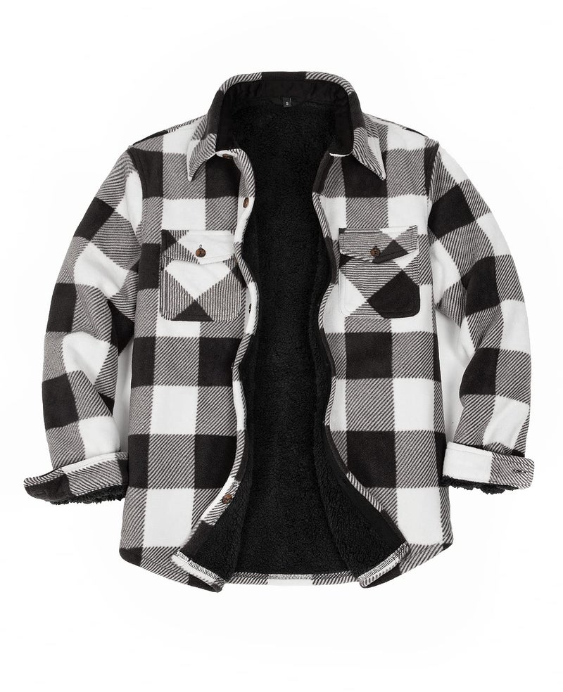 ZENTHACE Mens Warm Sherpa Lined Fleece Plaid Flannel Shirt Jacket Cozy Fall Winter Flannel Shacket Jackets Coat Black and White M - Image 1