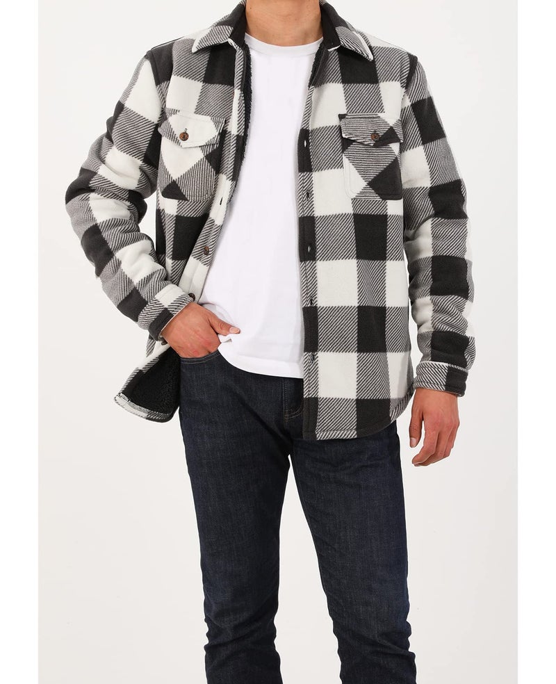 ZENTHACE Mens Warm Sherpa Lined Fleece Plaid Flannel Shirt Jacket Cozy Fall Winter Flannel Shacket Jackets Coat Black and White M - Image 4