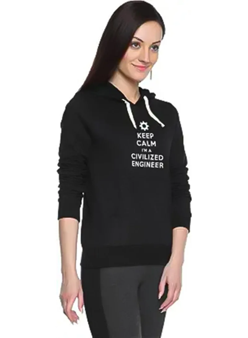 Campus Sutra Women's Onyx Black Civilized-Engineer Print Pullover Hoodie