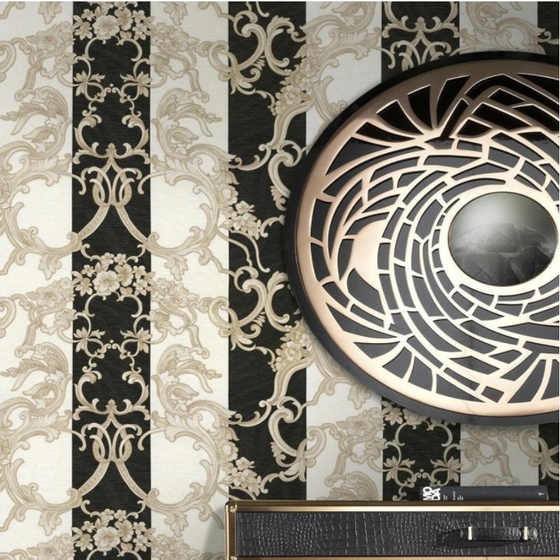 Roberto Cavalli 16071 Italian Wallpaper, Creamy with Black Stripes, 7m²