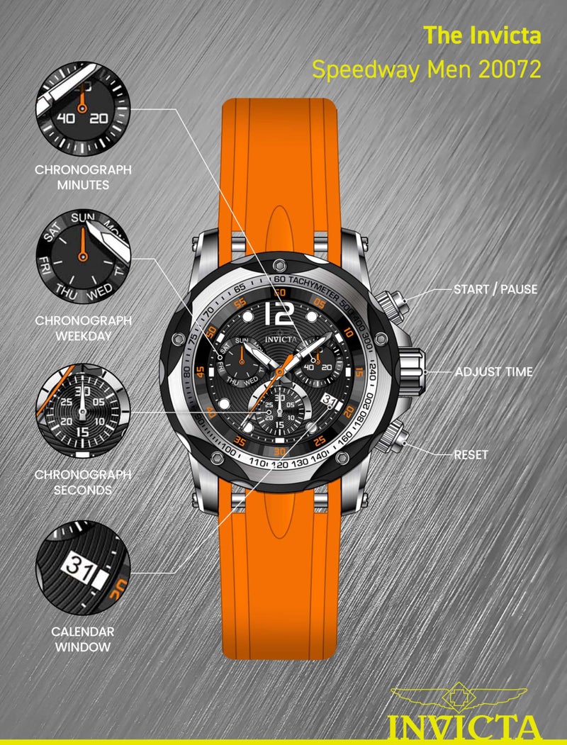 Invicta ساعة إنفيكتا للرجال 20072 سبيدواي بعرض تناظري سويسري كواتز برتقالية - Image 4