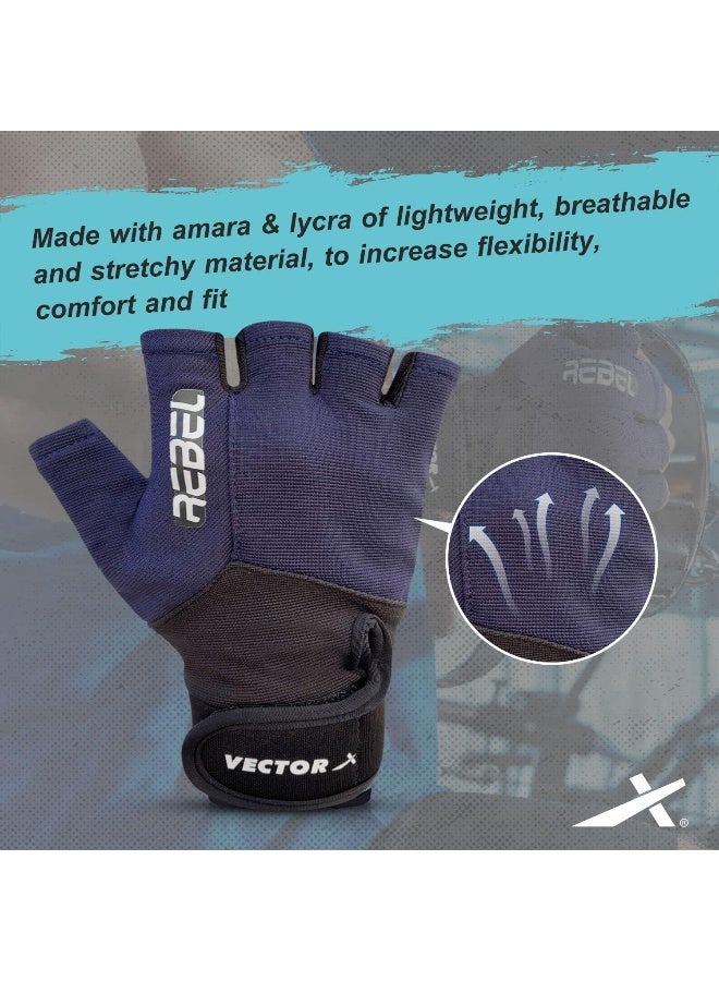 Vector X Rebel Unisex Gym Gloves – Fingerless Weightlifting & Fitness Gloves for Men & Women, Size Small, Navy - Image 2