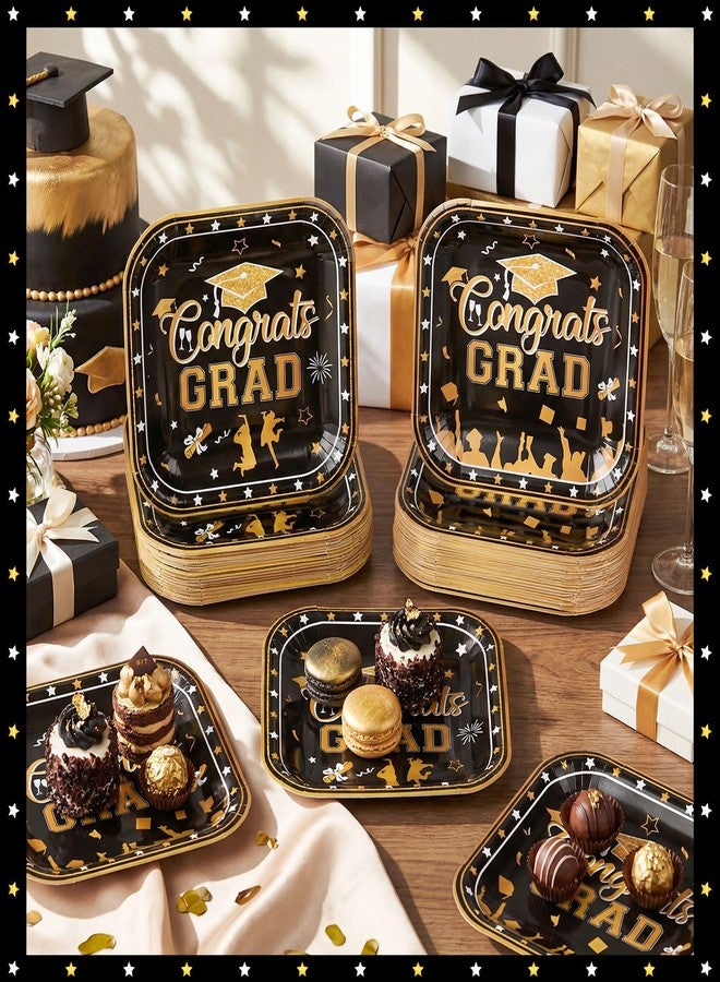 SiliFine Black and Gold 100 Pcs 2026 Graduation Small Paper Plates 7 Inch Cake Dessert Plates Bulk Graduation Decoration Disposable Dinnerware for Congrats Grad Party Favors Supplies - Image 2
