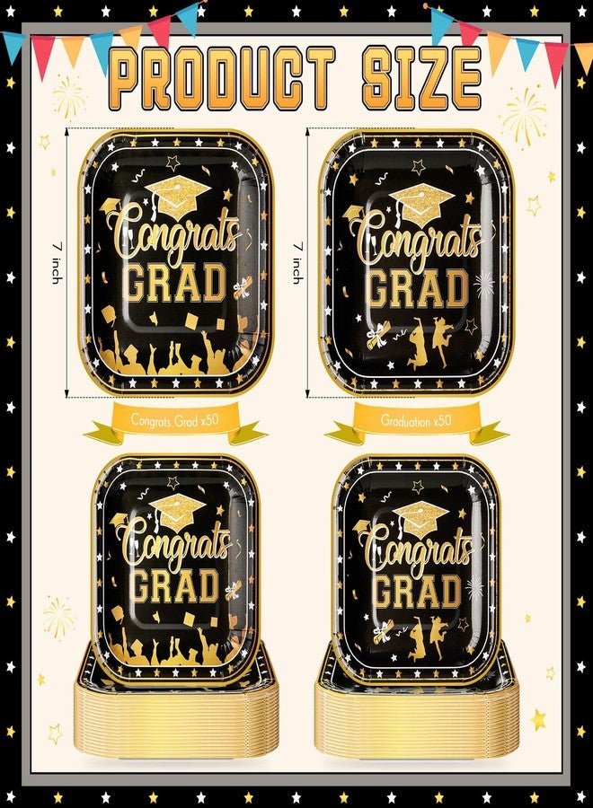SiliFine Black and Gold 100 Pcs 2026 Graduation Small Paper Plates 7 Inch Cake Dessert Plates Bulk Graduation Decoration Disposable Dinnerware for Congrats Grad Party Favors Supplies - Image 3