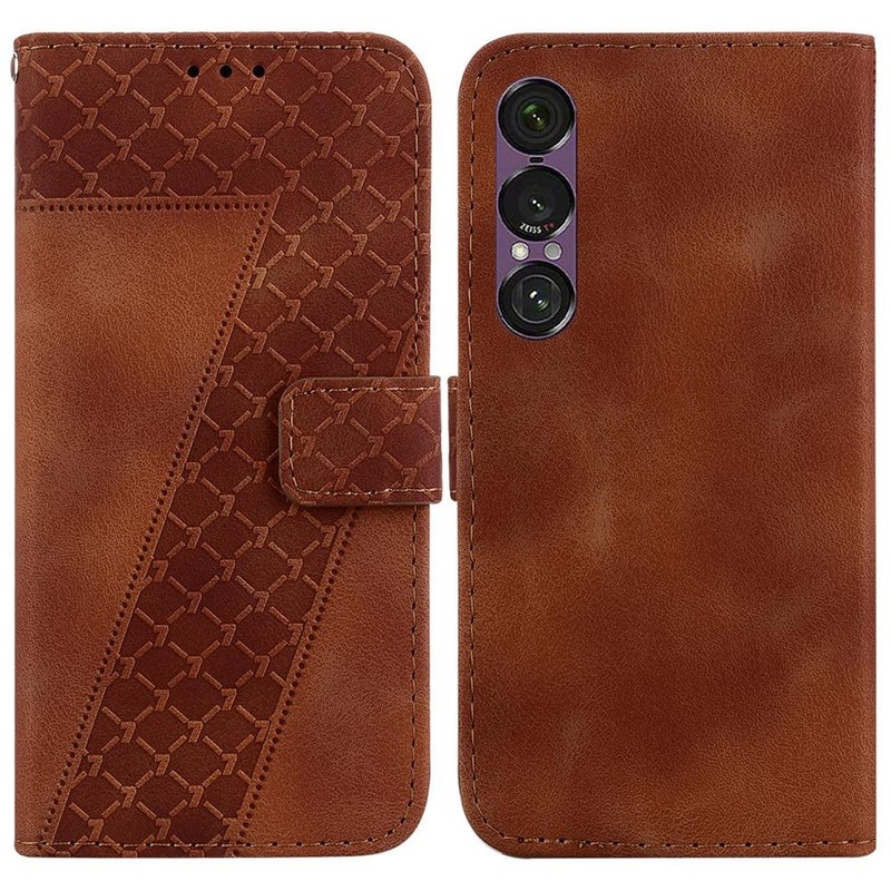 إيروريكس جراب هاتف جلدي منقوش على شكل سبعة لهاتف Sony Xperia 1 VII (بني) - Image 1