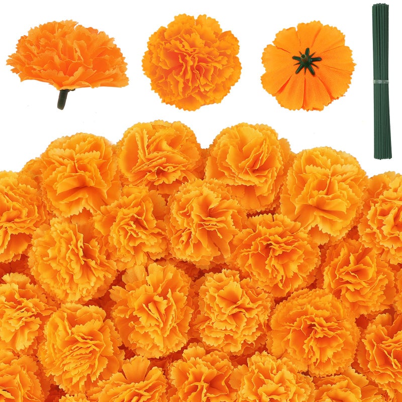 JMUQ 80 Pcs Artificial Marigold Flowers, 2 inch Silk Marigolds Bulk with Stems, Orange Artificial Flowers for Dia De Los Muertos Diwali Home Decor Marigold Garland Day of The Dead Decorations - Image 1