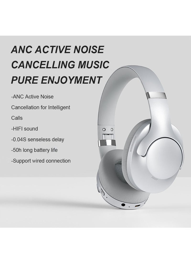 ANC Wireless Over-Ear Headphones with Bluetooth 5.4 and 50 Hours of Battery Life Silver