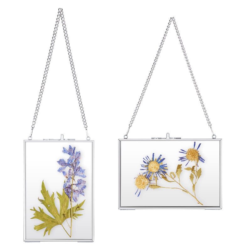 JUXYES Set of 2 Brass Wall Hanging Photo Frame  Glass Hanging Picture Artwork Display Frame  Double Glass Floating Frame Style Gallery Wall Frame for Photo Picture Poster etc