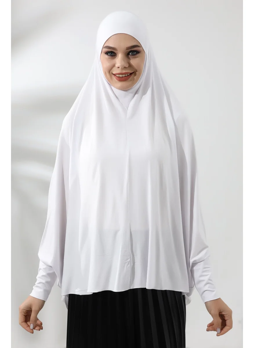 İhvan Online White Ready Practical Sultanbaş Hijab Sleeve Combed Cotton Soufflé Scarf Hijab