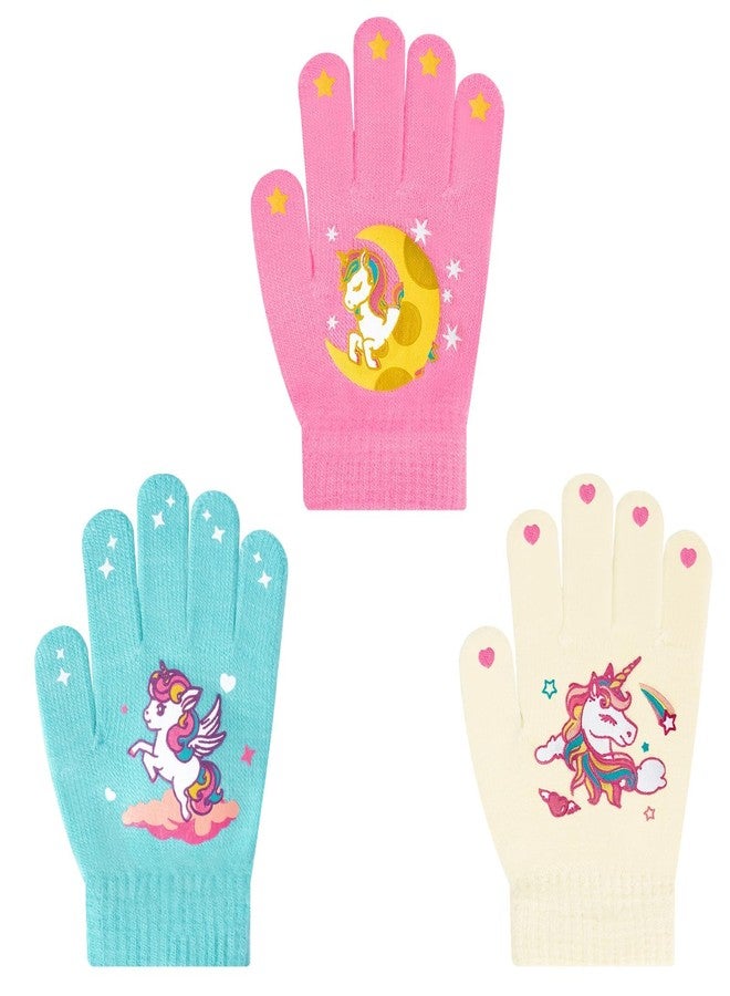 WAWSAM 3 Pairs Unicorn Winter Gloves for Girls, Magic Gloves for Girls 4-9 Years, Cute Warm 5-Finger Gloves for School, Outdoor Play, Birthday & Holiday Gifts - Image 1