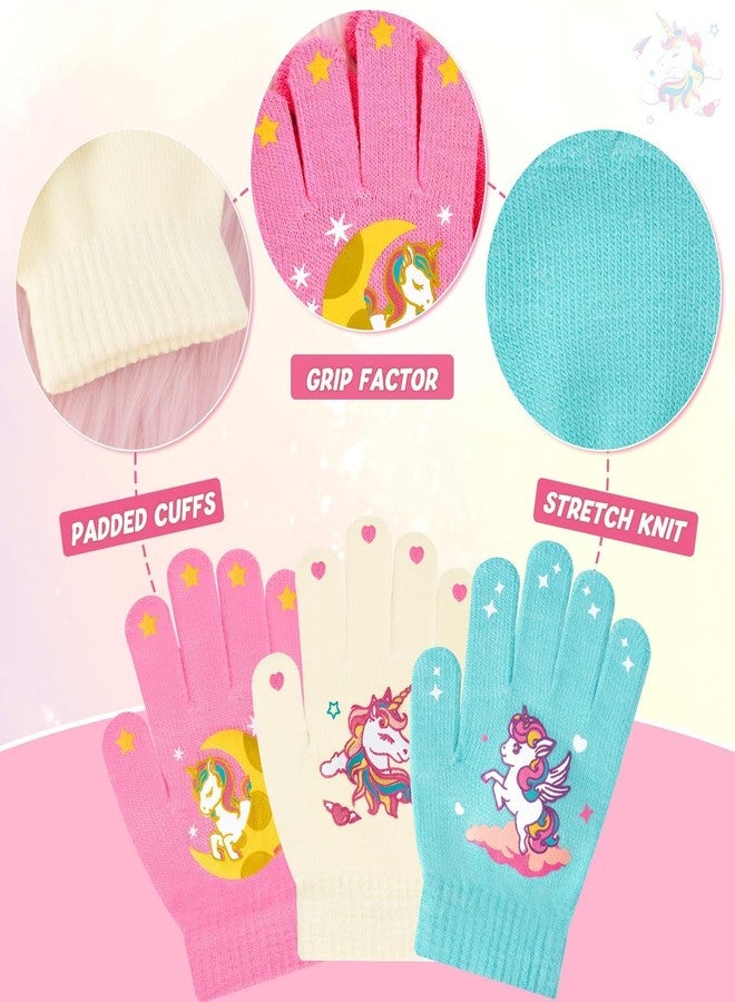 WAWSAM 3 Pairs Unicorn Winter Gloves for Girls, Magic Gloves for Girls 4-9 Years, Cute Warm 5-Finger Gloves for School, Outdoor Play, Birthday & Holiday Gifts - Image 3