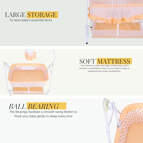 Infanto Baby Bassinet/Cradle, Palna, Swing (0–12 Months) with Ball-Bearing Swing, Swing Lock, Mosquito Net, Storage Basket & Sturdy Metal Frame | Portable Foldable Newborn Cot (Orange) - Image 2