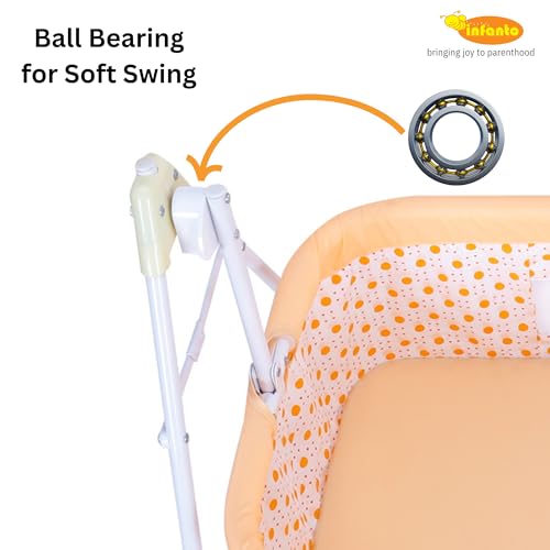 Infanto Baby Bassinet/Cradle, Palna, Swing (0–12 Months) with Ball-Bearing Swing, Swing Lock, Mosquito Net, Storage Basket & Sturdy Metal Frame | Portable Foldable Newborn Cot (Orange) - Image 3