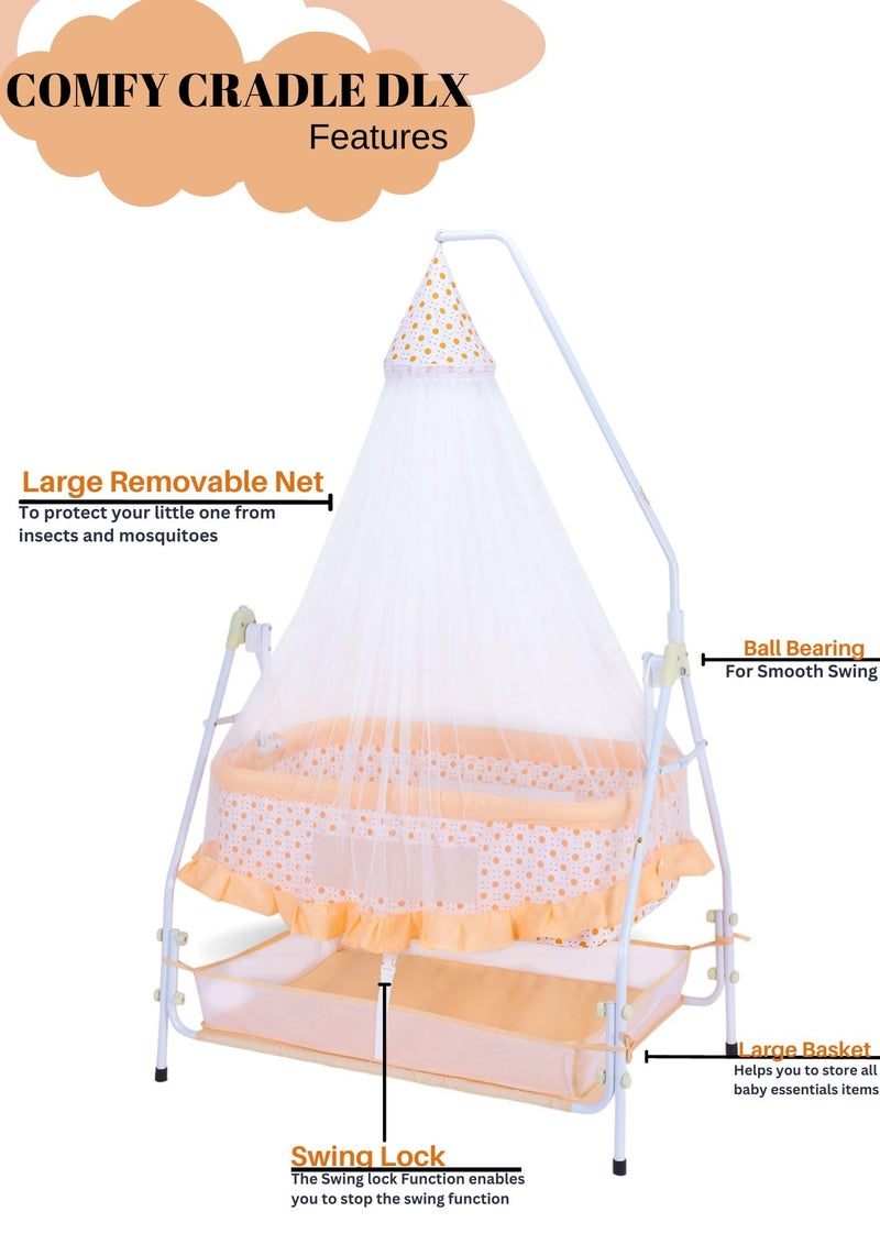 Infanto Baby Bassinet/Cradle, Palna, Swing (0–12 Months) with Ball-Bearing Swing, Swing Lock, Mosquito Net, Storage Basket & Sturdy Metal Frame | Portable Foldable Newborn Cot (Orange) - Image 4