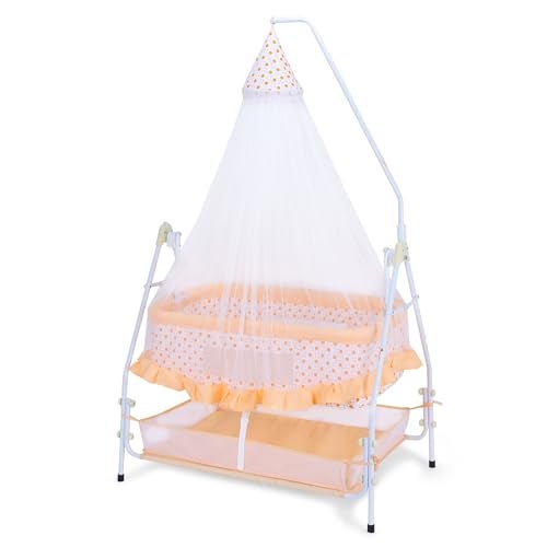 Infanto Baby Bassinet/Cradle, Palna, Swing (0–12 Months) with Ball-Bearing Swing, Swing Lock, Mosquito Net, Storage Basket & Sturdy Metal Frame | Portable Foldable Newborn Cot (Orange) - Image 1