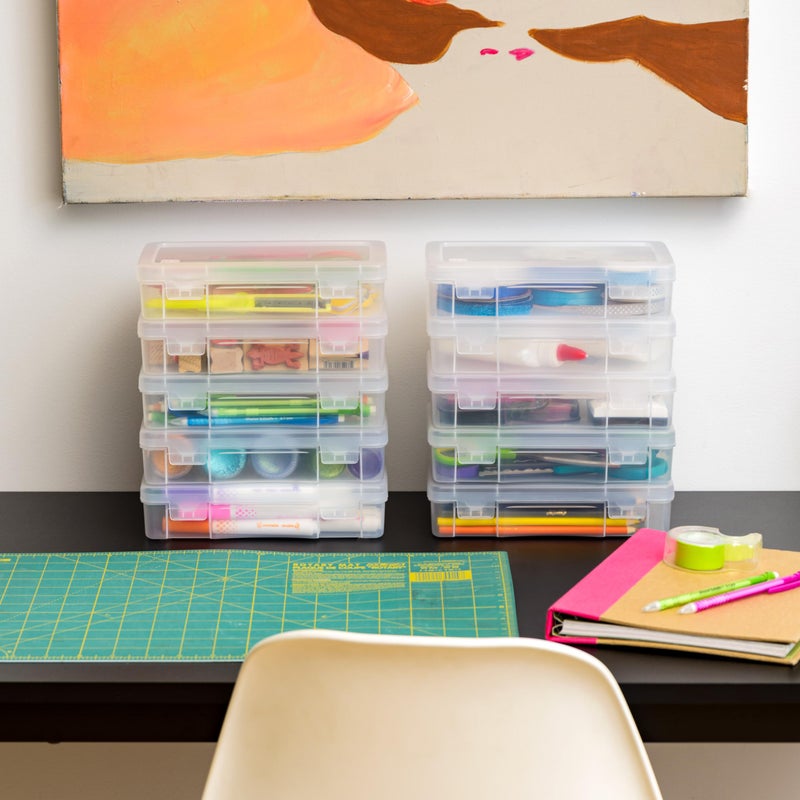 IRIS USA Plastic Pencil Case Box Craft Hobby Art School Supply Storage Organizer Container with Latching Lid, 10-Pack, for Bead Pens Ribbons Wahi Tape Sticker Yarn Ornaments, Stackable, Clear, Medium - Image 5