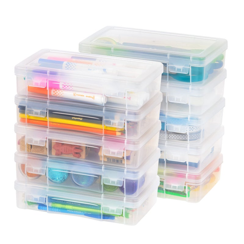 IRIS USA Plastic Pencil Case Box Craft Hobby Art School Supply Storage Organizer Container with Latching Lid, 10-Pack, for Bead Pens Ribbons Wahi Tape Sticker Yarn Ornaments, Stackable, Clear, Medium - Image 1