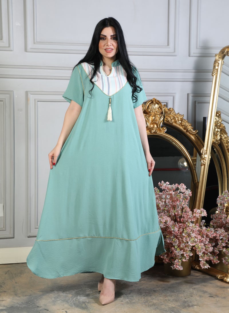 MyesuQ A Turquoise Crepe Gown With A Colorful Taffeta Insert From The Collar to The Back - Image 1