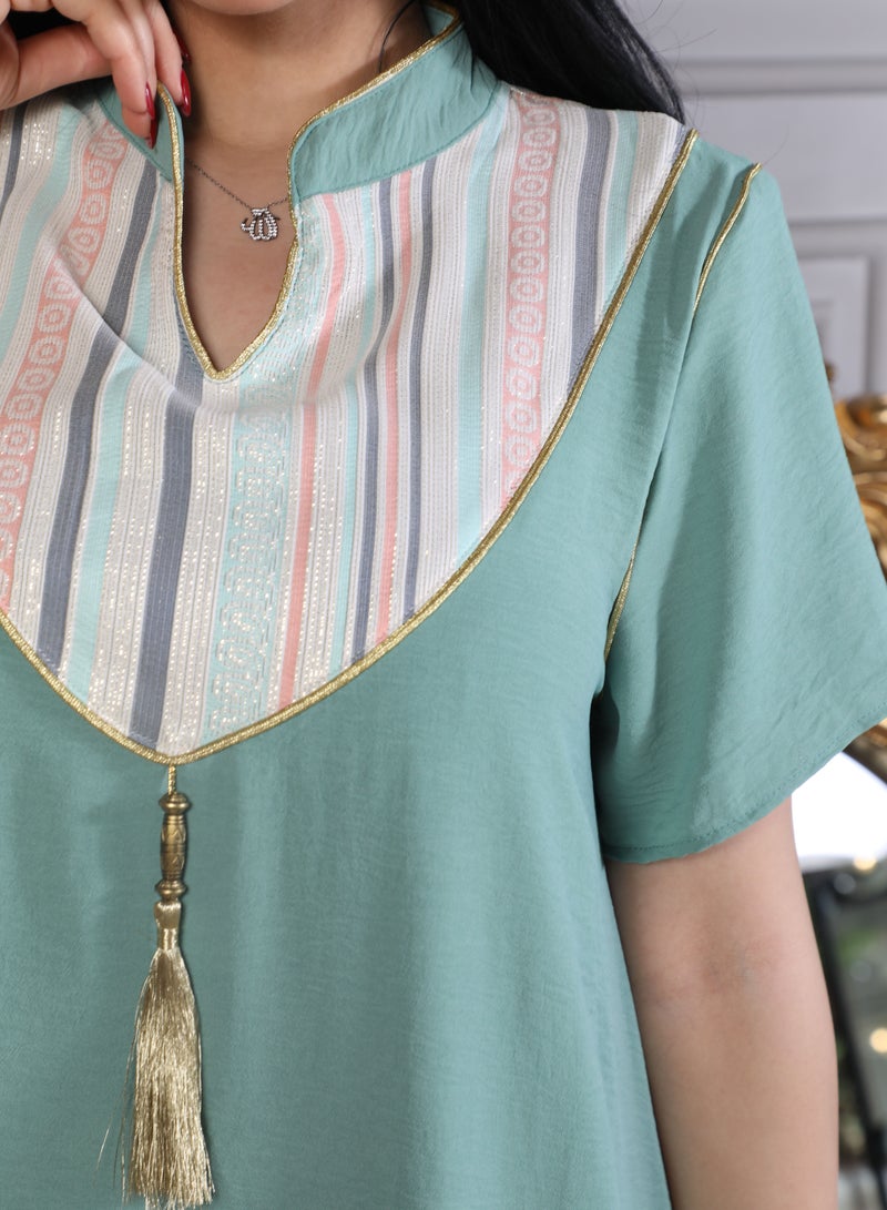 MyesuQ A Turquoise Crepe Gown With A Colorful Taffeta Insert From The Collar to The Back - Image 2