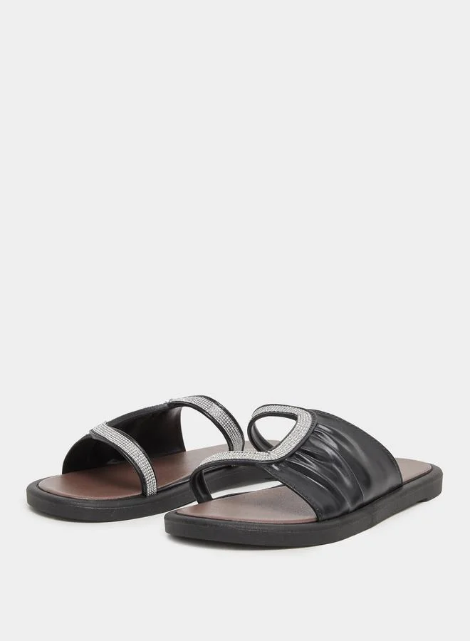 تايك تو Take Two Rhinestone Embellished Side Cut Out Vamp Flat Sandals