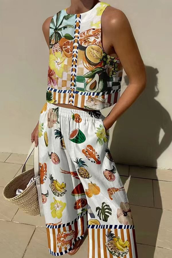 2023 New Sleeveless Top  Long Pants Set, Cotton Linen Printed Casual Outfit Fruit printing 