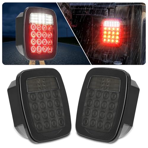 CMVT Auto Universal 38 LED Replacement Tail Lights Taillights for Jeep Wrangler TJ YJ CJ, Smoke Lens BAR Square Brake Stop Turn Signal Reverse w/License Plate lamp Assembly, 2PCS - Image 1