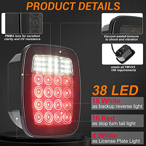 CMVT Auto Universal 38 LED Replacement Tail Lights Taillights for Jeep Wrangler TJ YJ CJ, Smoke Lens BAR Square Brake Stop Turn Signal Reverse w/License Plate lamp Assembly, 2PCS - Image 2