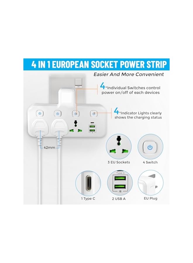 Green Tiger 3 Way Plug Extension Socket with 2 USB & 1 Type-C Ports, UK Multi Plug Adapter with Switches - Ideal for Home, Office, Kitchen, Garden, Ouerorexr Use and travel. - Image 2