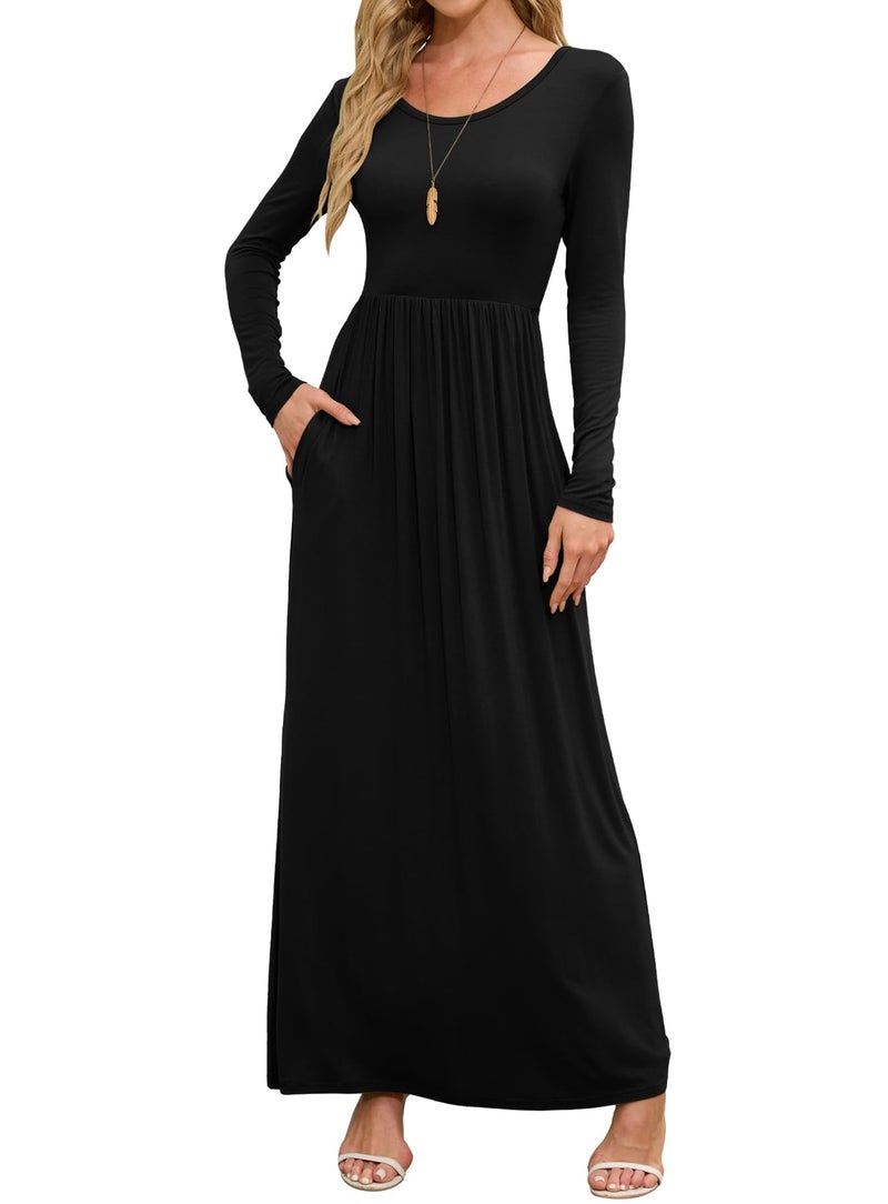 DEARCASE Maxi Dress for Women Black Medium Round Neck Long Sleeves Wedding Guest A-line Plain Casual Empire Waist Flowy Party Vintage Spring Fall Winter Floor Dresses with Pocket - Image 1
