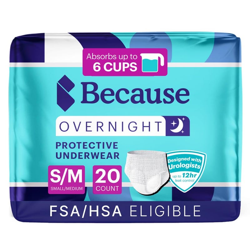Because Overnight Absorbency Pull Ups - Adult Disposable Incontinence Underwear, Extra Absorbent Nighttime Briefs for Men and Women, White, Small/Medium, 20 Count - Image 1