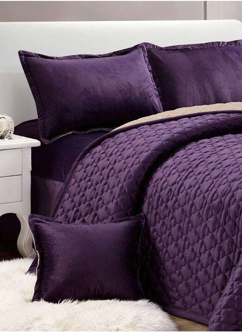 4 Pieces Dual Color Comforter Set For All Season Single Size 160x210 Cm Velvet Bedding Set Geometric Quatrefoil Cloud Stitched Design Purple