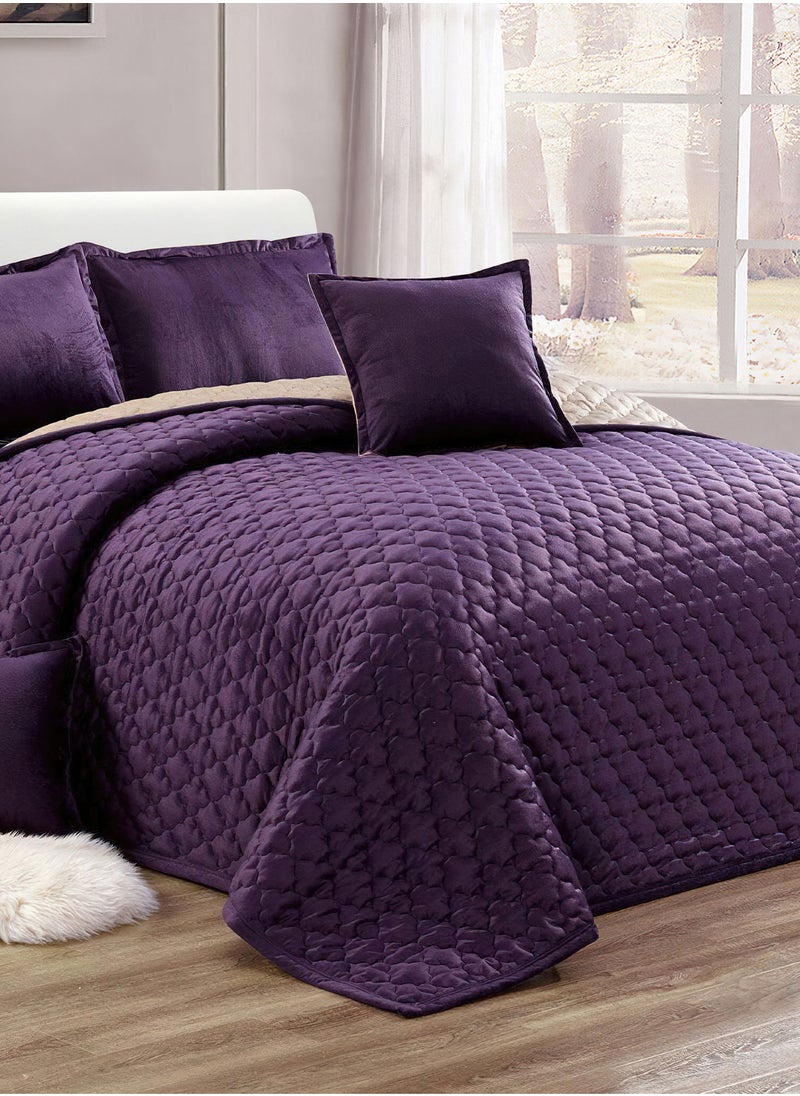 4 Pieces Dual Color Comforter Set For All Season Single Size 160x210 Cm Velvet Bedding Set Geometric Quatrefoil Cloud Stitched Design Purple