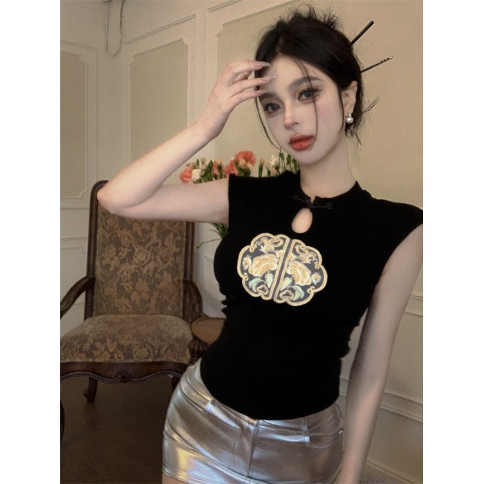 [] Summer Slim Waist Slimming Top Retro Chinese Embroidery Hollow Sleeveless T-Shirt - Image 1