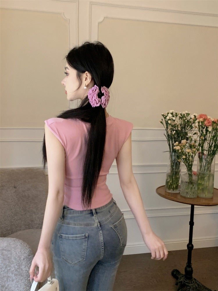 [] Summer Slim Waist Slimming Top Retro Chinese Embroidery Hollow Sleeveless T-Shirt - Image 2