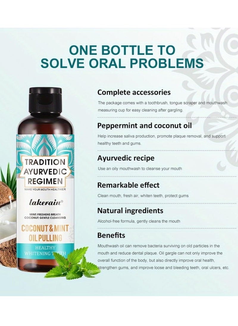 lakerain - 200ml Coconut Oil and Peppermint Oil Pulling Whitening Mouthwash Teeth Whitening Oil Pulling Mouthwash Natural Coconut Oil Pulling for Healthier Teeth and Gum Fresh Breath With 7 Natural Pulling Oil - Image 1