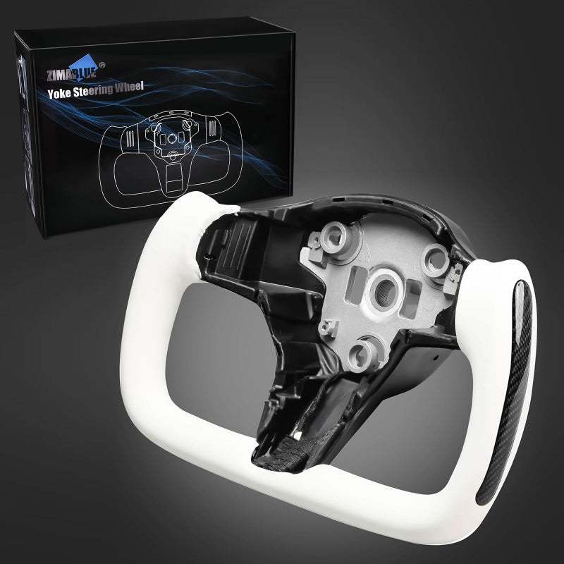 ZIMABLUE Yoke Steering Wheel Personalized Yoke Steering Wheel Nappa Leather with Side Glossy Carbon Fiber without Front Trim for Tesla Model 3 20172023 Model Y 20192024 With Heating Function