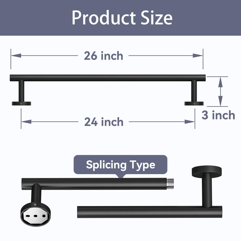 Bubxo Matte Black Towel Bar, 24 Inch Bathroom Towel Rack (Total Length 26-Inch), Towel Holder Wall Mounted, Thicken SUS304 Stainless Steel Towel Rod Modern Home Decor - Image 2