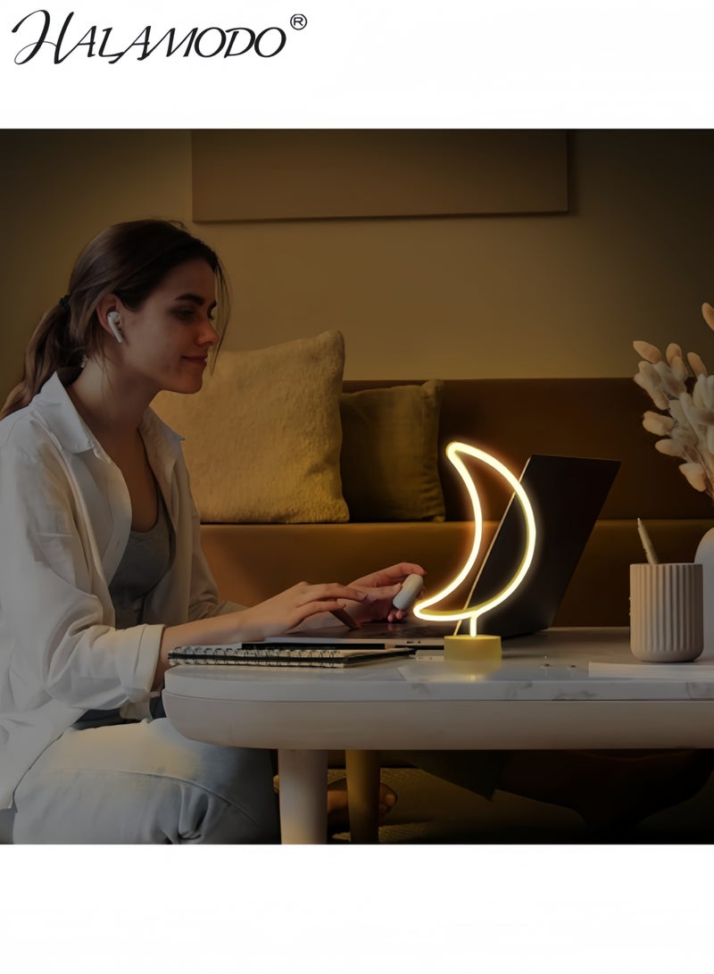 HALAMODO Moon Neon Sign, Half-Moon Neon Light Moon Lamp for Bedroom, Desk, Table Decorations,Warm White Led Lights with Stand  - Image 4