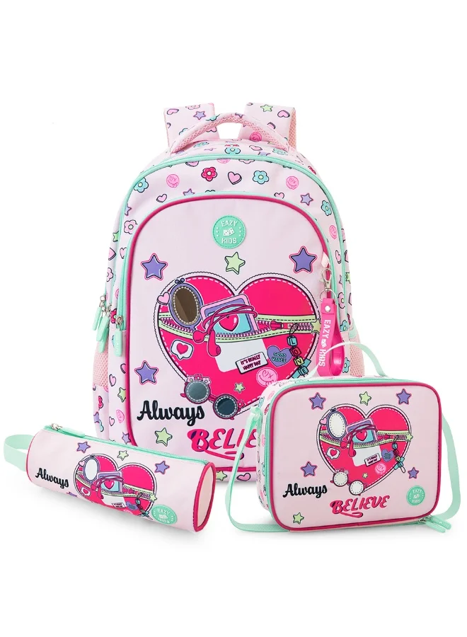 Eazy Kids Eazy Kids 17” School Bag Set of 3 w/ Insulated Water Bottle & Convertible Bento Lunch Box – Always Believe Pink